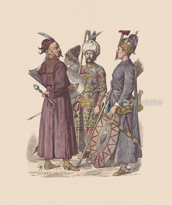 17 /18世纪，土耳其服饰，手工着色木刻，大约出版于1880年